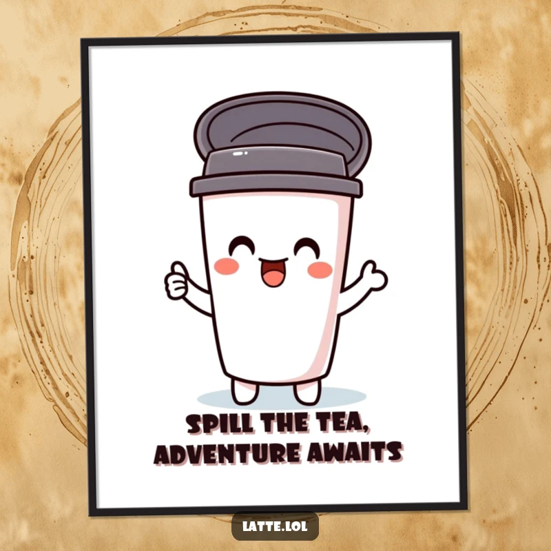 Funny Free Printable Wall Art: A delighted travel mug character with its lid popping open, showcasing a humorous coffee-lover theme.