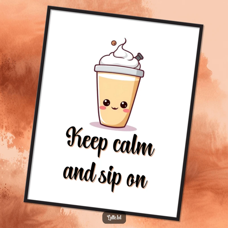 Funny free printable wall art of a cheerful latte cup character happily bopping its lid, adding dynamic decor.