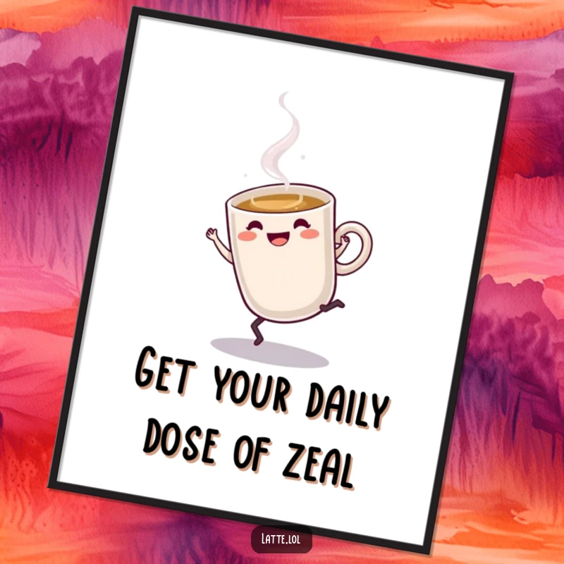 Funny Free Printable Wall Art: A steaming latte cup character in mid-cartwheel, bringing dynamic energy and humor to your walls.