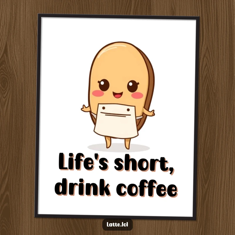 Funny Free Printable Wall Art: A smiling coffee bean character wearing a tiny apron proudly holds a miniature whisk.