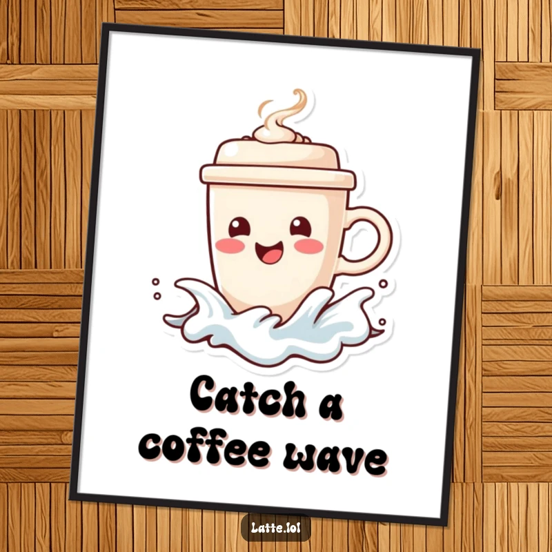 Free Printable Wall Art: Happy Coffee Cup Character Riding a Frothy Wave with Steam.