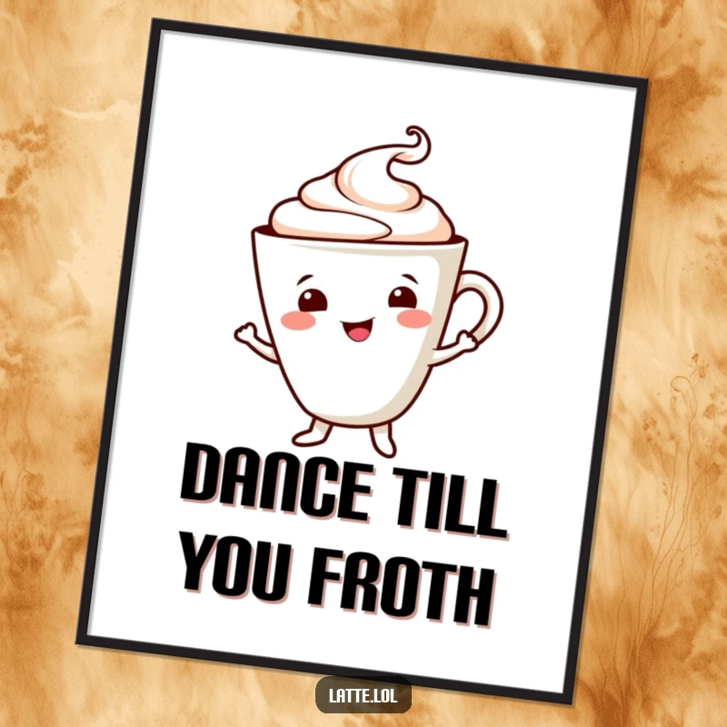 Free Printable Wall Art: Smiling Latte Cup Character with Foam Dancing Joyfully.