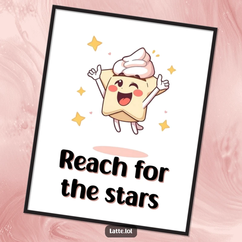 Funny Free Printable Wall Art: An excited latte art star character shooting upwards with a flourish, exuding pure caffeinated enthusiasm.