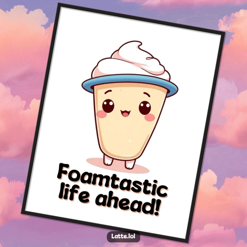 Funny Free Printable Wall Art: A cheerful latte foam character sports a jaunty cap, exuding playful sophistication and coffee love.