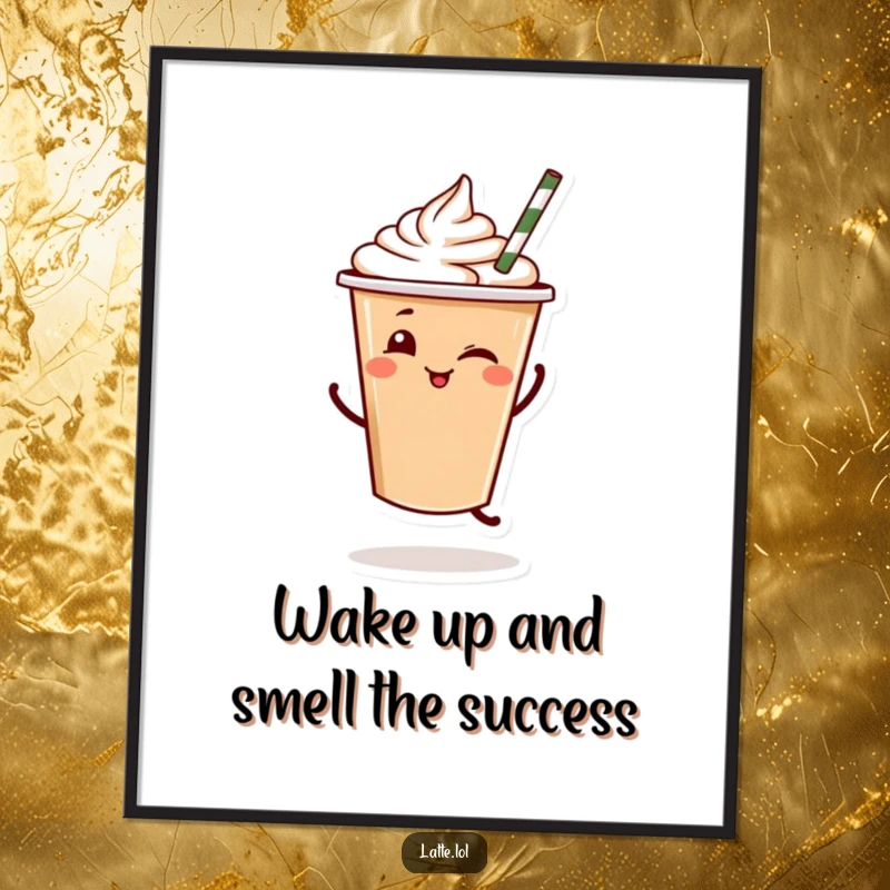 Funny Free Printable Wall Art: Winking latte cup character with a straw doing a jaunty, energetic dance, spreading smiles.