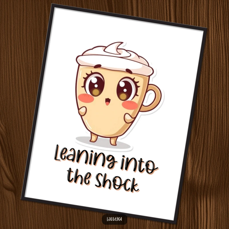 Funny Free Printable Wall Art: A latte cup character in a dramatic, wide-eyed surprised lean, capturing a moment of shock.