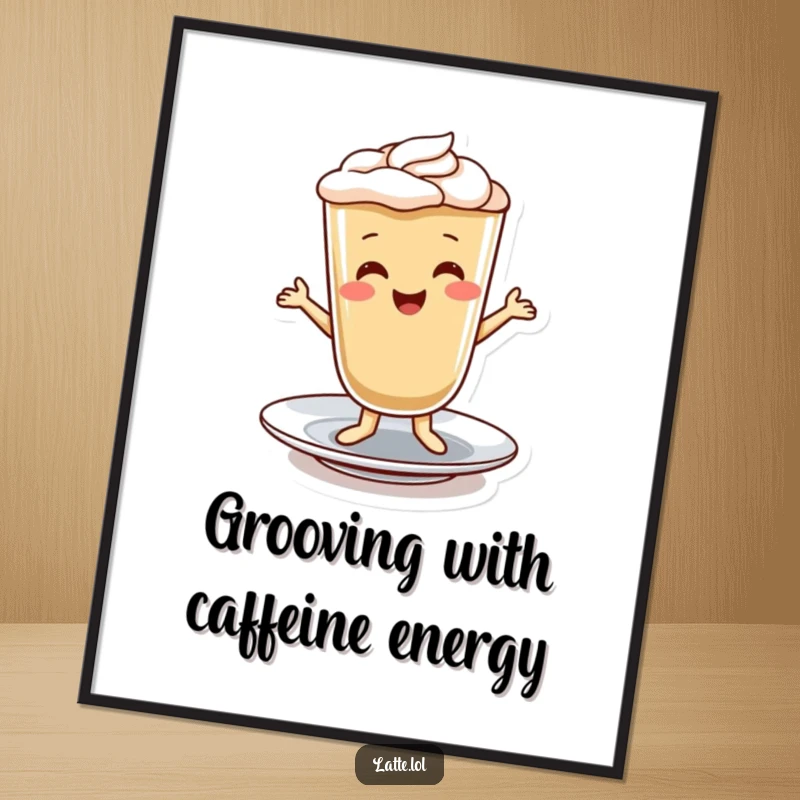 Funny Free Printable Wall Art: A happy latte character caught mid-dance on a saucer, full of life and energy.