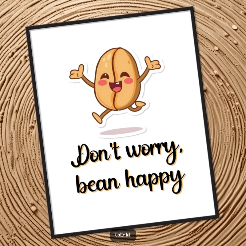 Funny Free Printable Wall Art: A cheerful coffee bean character is depicted in a spontaneous and joyful mid-air playful leap.