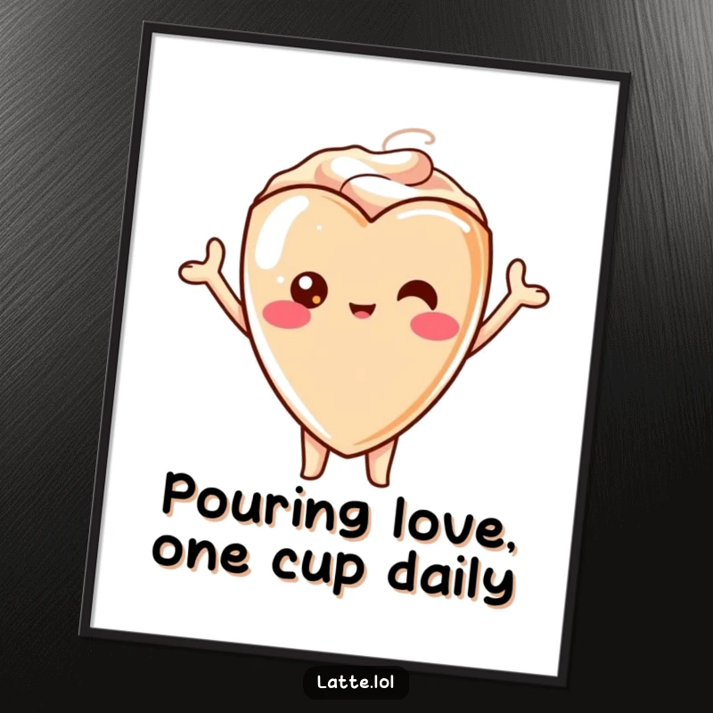 Funny Free Printable Wall Art: A happy kawaii latte heart character with arms up, cheering enthusiastically for your enjoyment.