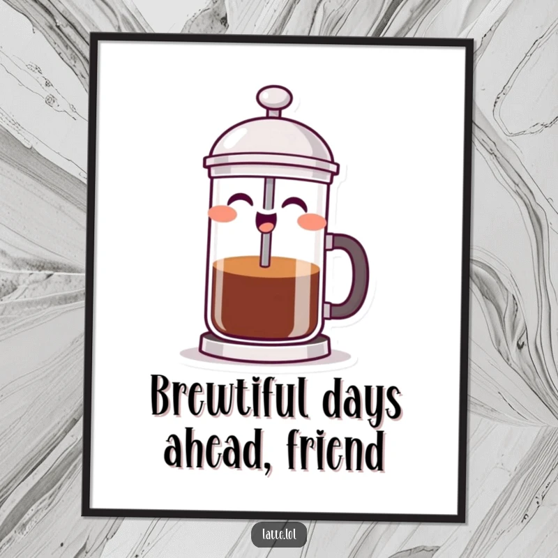 Funny Free Printable Wall Art of a laughing French press character joyfully pushing down its plunger, perfect for a humorous kitchen or cafe.