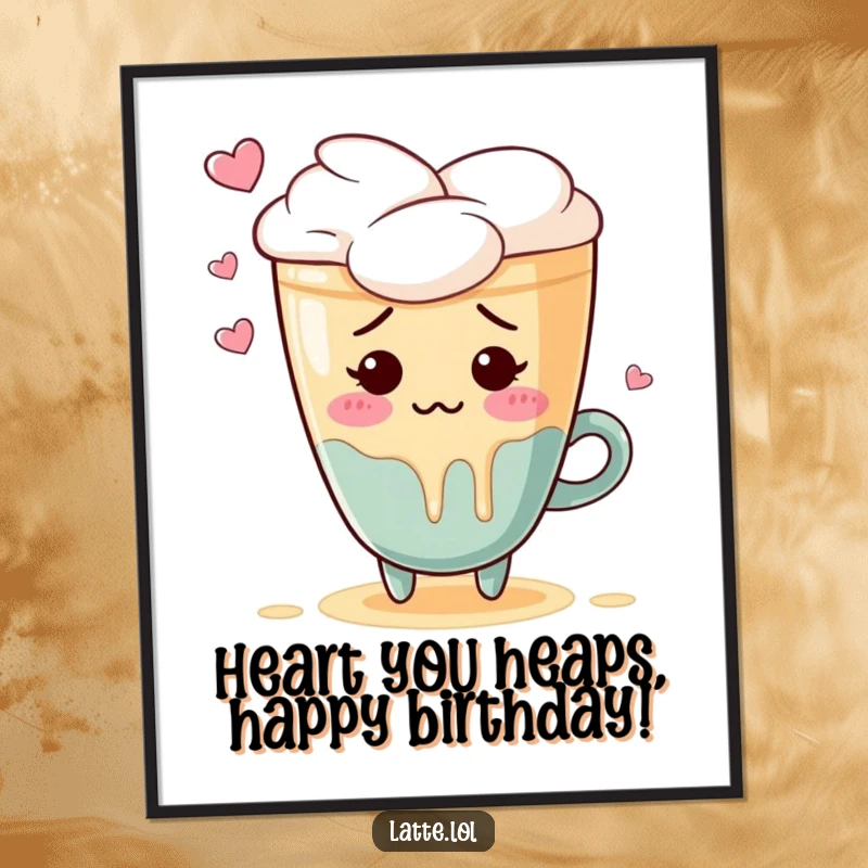 Funny Free Printable Wall Art: A cute latte art heart character is blushing beet red and spilling a comical amount of foam.