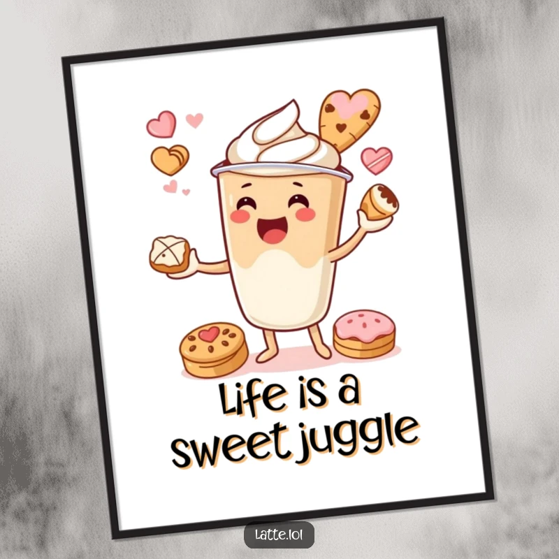 Funny Free Printable Wall Art: A cheerful latte cup character expertly juggles an assortment of delightful pastries with a happy expression.