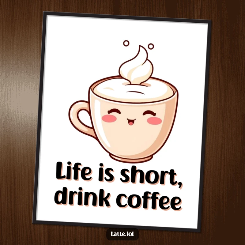 Funny Free Printable Wall Art of a cheerful latte cup character happily sipping its own foam, ideal for kitchens.