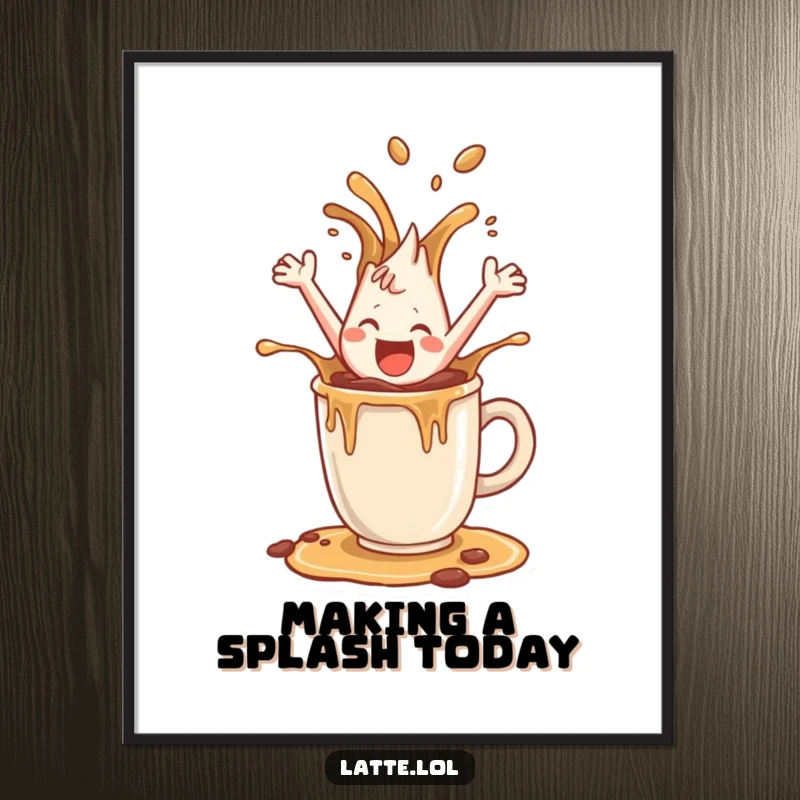 Funny Free Printable Wall Art: A happy coffee splash character joyfully leaping out of a mug, capturing a moment of pure caffeinated bliss.