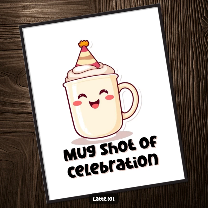 Funny Free Printable Wall Art: A grinning latte mug character sporting a tiny party hat, exuding pure celebratory joy and coffee charm.