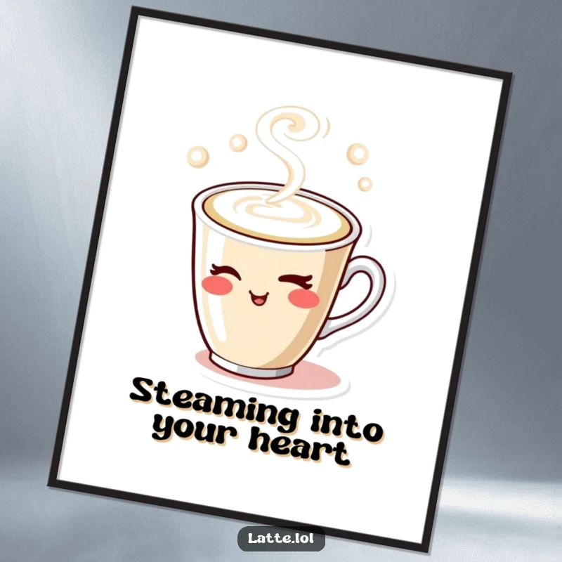 Funny Free Printable Wall Art: A cheeky latte cup character winks amidst swirling steam, adding humor to any room. Downloadable art.