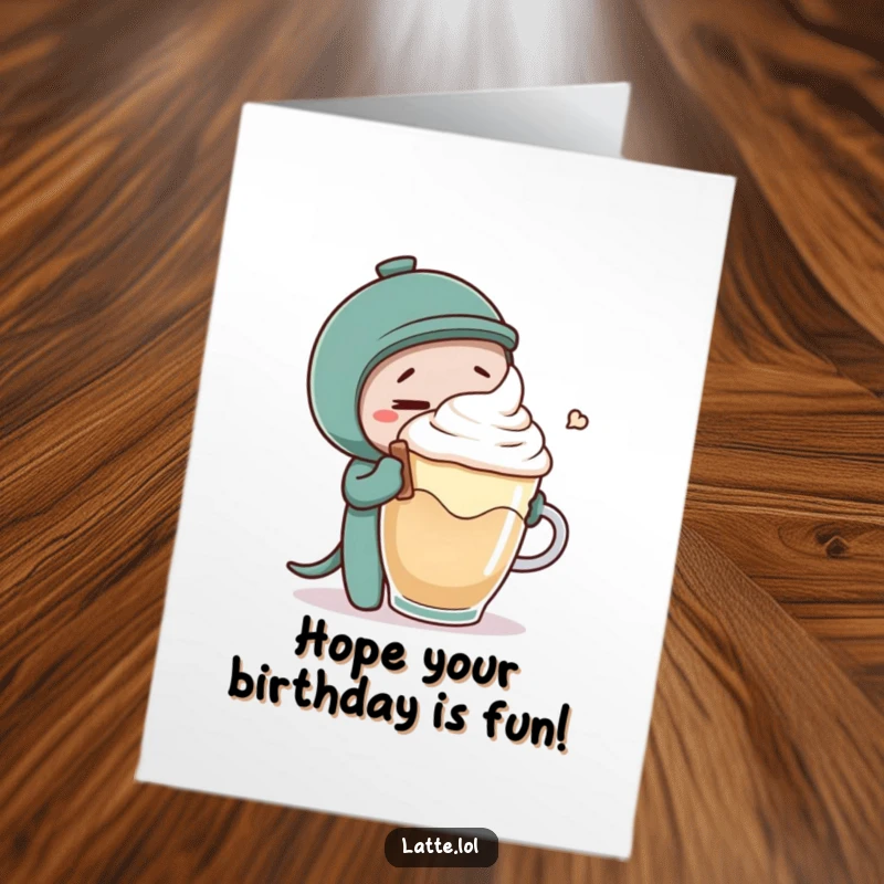Funny Free Printable Birthday Card: Mischievous coffee stirrer character playfully tickling a surprised latte foam character, creating a moment of sweet fun.