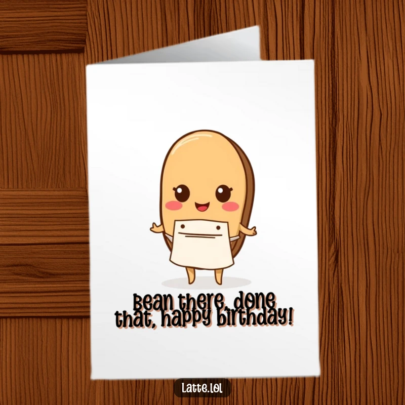 Funny Free Printable Birthday Card: A coffee bean character wearing a tiny apron beams, holding a birthday cake slice.