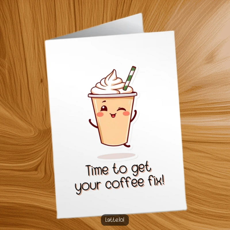 Funny Free Printable Birthday Card: Winking latte cup character with a straw energetically doing a jaunty dance, full of birthday cheer.