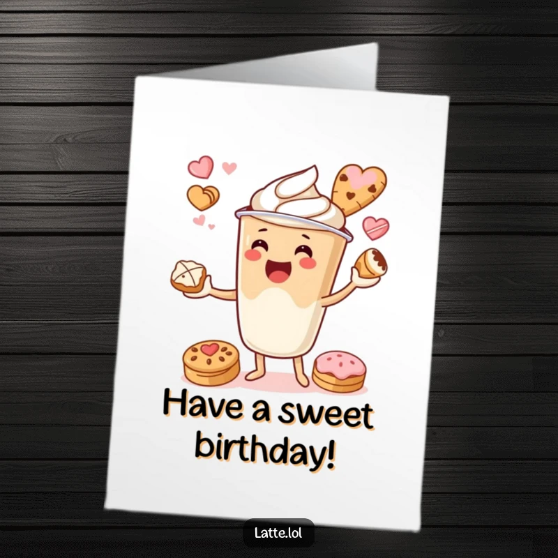 Funny Free Printable Birthday Card: A cheerful latte cup character playfully juggles croissants and donuts, radiating birthday joy.