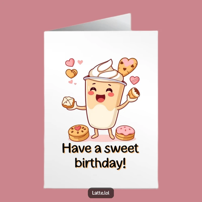 Free Printable Latte Cup Birthday Card: Juggling Pastries, Funny Downloadable Gift