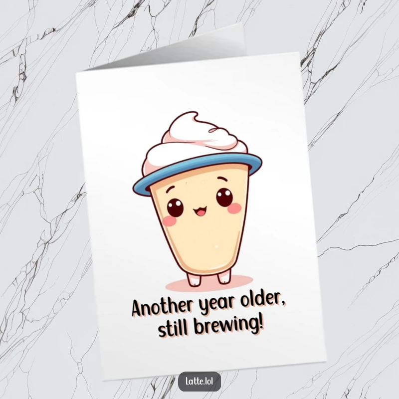 Funny Free Printable Birthday Card: A latte foam character in a jaunty cap grins ecstatically, ready to party.