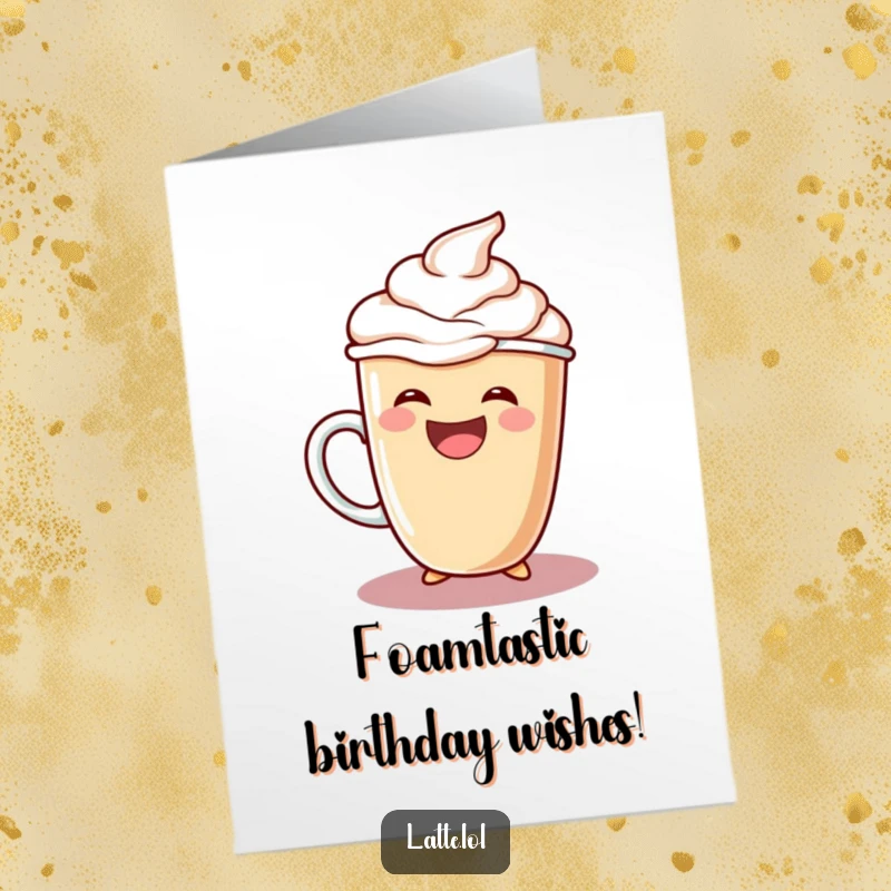 Funny Free Printable Birthday Card: A joyful latte cup character gleefully pours an excessive amount of foam.