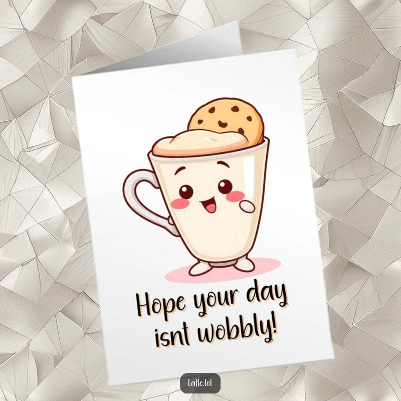 Free Printable Birthday Card: Wobbly Latte Cup Character Balancing a Cookie Wafer.