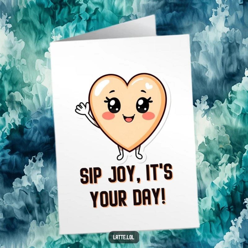 Funny Free Printable Birthday Card: A cheerful latte art heart character smiling and waving, sending warm birthday greetings.