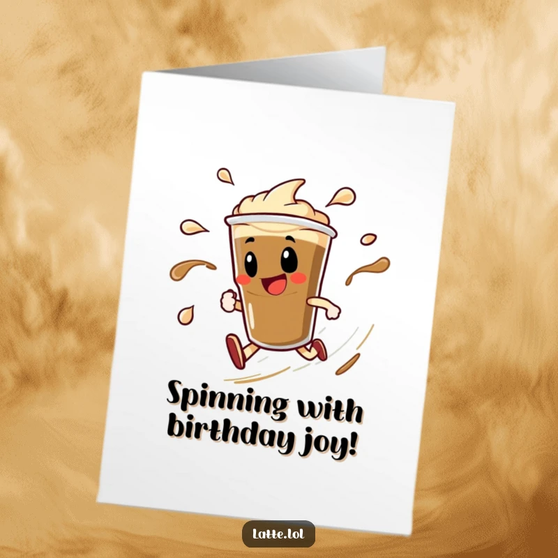 Free Printable Birthday Card: Delighted Espresso Shot Character Spinning with Liquid Trails.