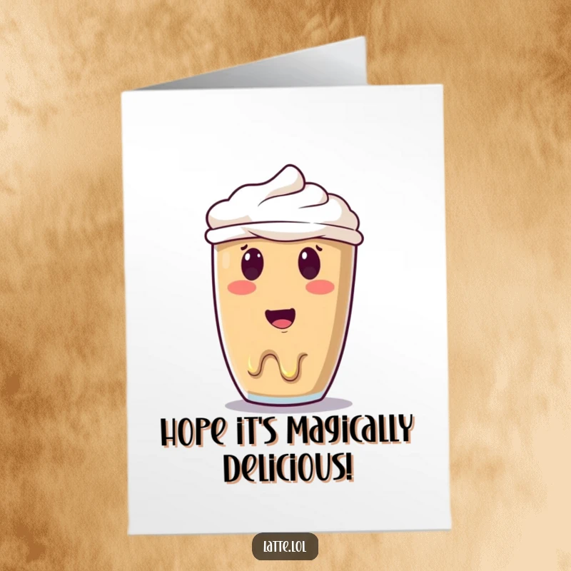 Funny Free Printable Birthday Card featuring a surprised latte art character’s smiley face starting to melt, conveying unexpected birthday delight.