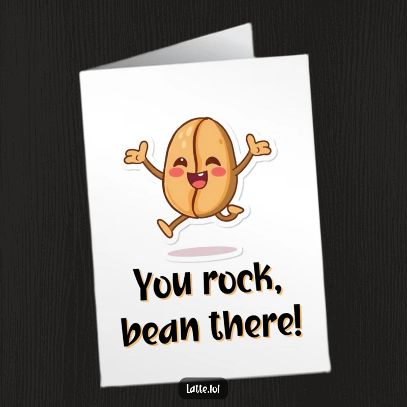 Funny Free Printable Congratulations Card: A happy coffee bean character executes a dynamic and playful leap, signifying achievement.