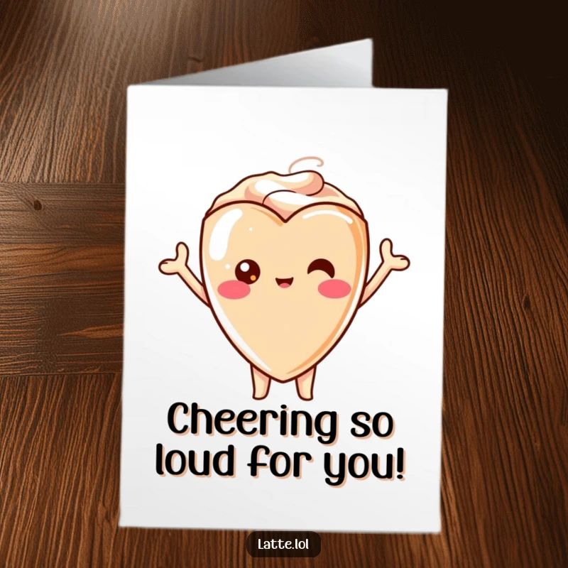 Free Printable Congratulations Card: A kawaii latte heart character joyfully cheering, celebrating a fantastic accomplishment.