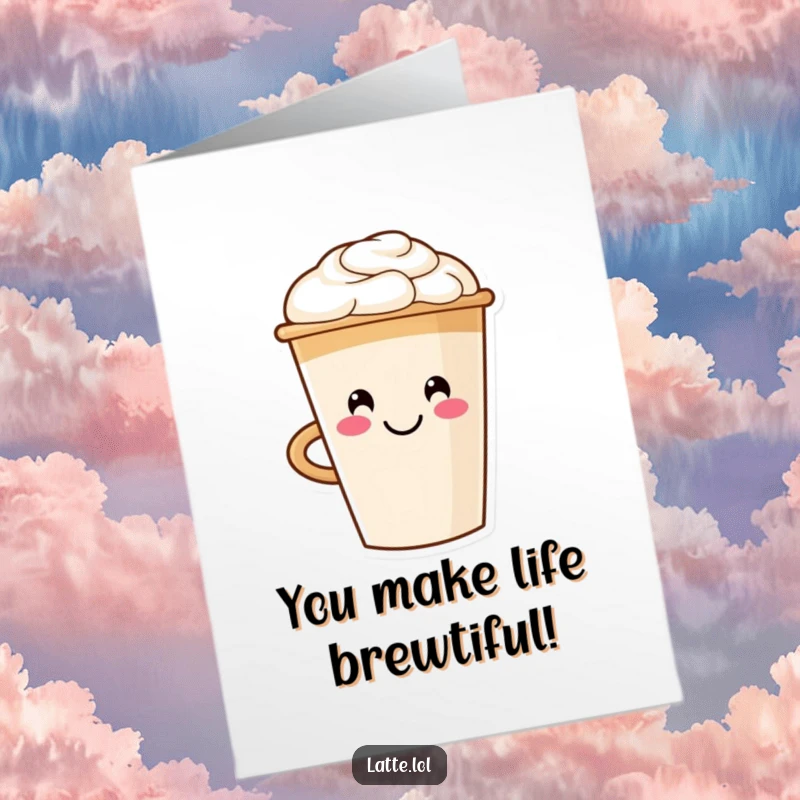 Funny Free Printable Congratulations Card: A smiling latte cup character featuring a perfect smiley face in its foam, celebrating good news.