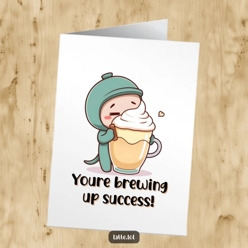 Funny Free Printable Congratulations Card: A mischievous coffee stirrer character delighting a latte foam character with tickles, celebrating an achievement with glee.