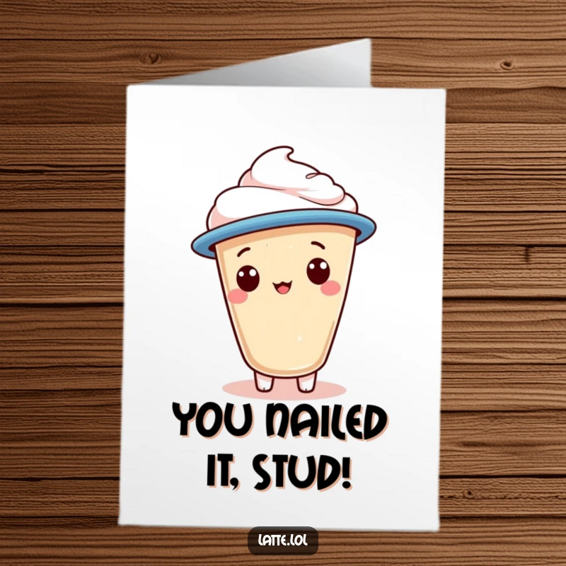 Funny Free Printable Congratulations Card: A latte foam character with a jaunty cap cheers wildly, celebrating your success.
