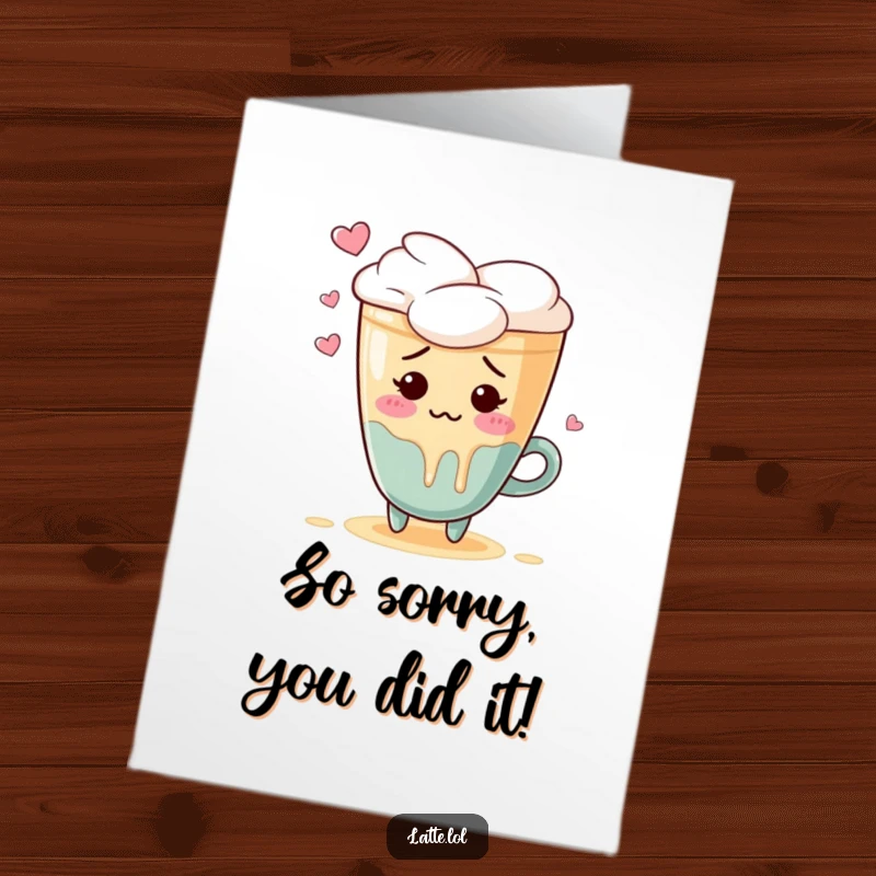 Funny Free Printable Congratulations Card: A blushing latte art heart character awkwardly spills frothy milk, looking mortified.