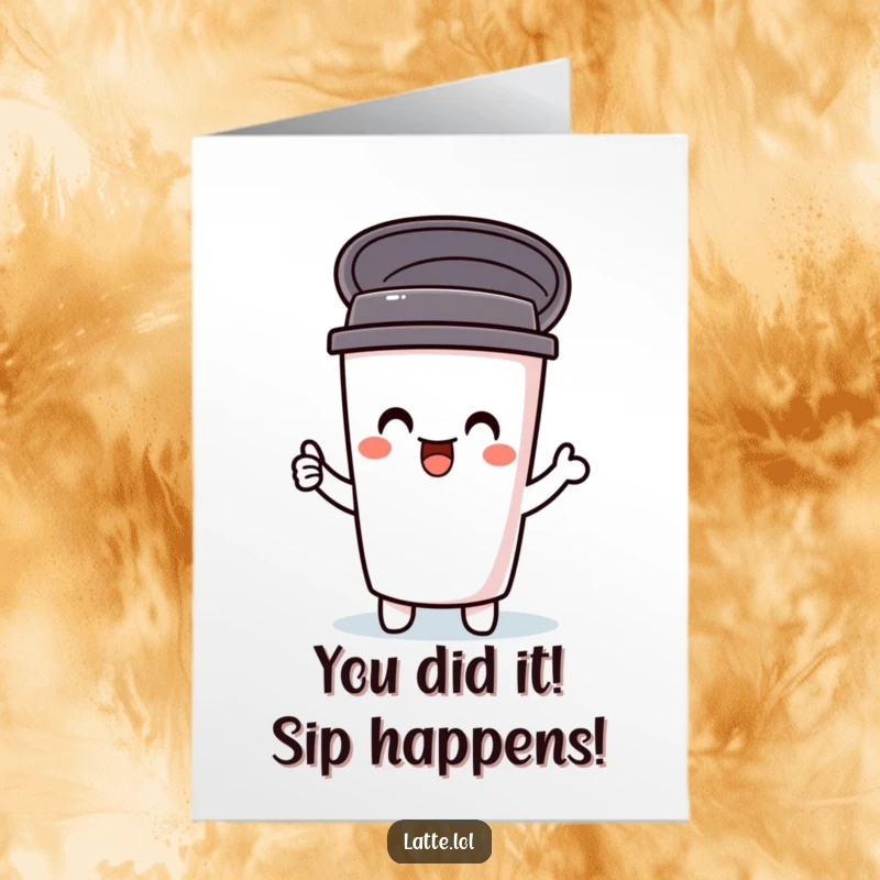 Funny Free Printable Congratulations Card: A delighted travel mug character's lid popping open, symbolizing exciting news and celebration.