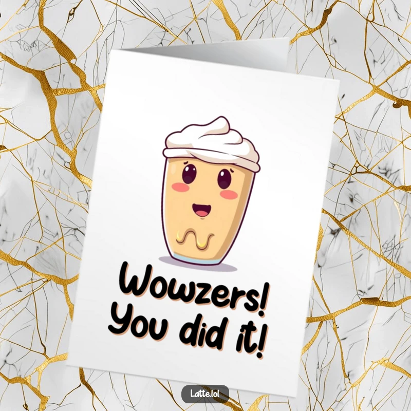 Funny Free Printable Congratulations Card showing a latte art smiley face looking surprised as it begins to melt, celebrating an awesome accomplishment.