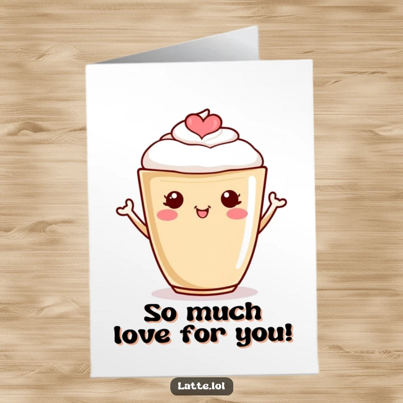 Funny free printable congratulations card featuring a latte cup with a heart design on its foam cheering enthusiastically.