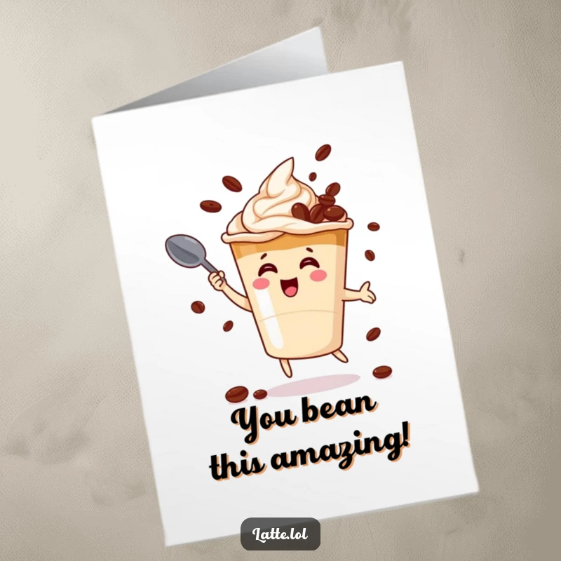 Funny Free Printable Congratulations Card showing a cheerful latte cup character skillfully juggling coffee beans mid-air.