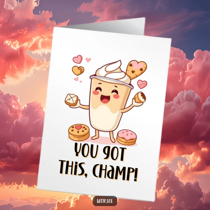 Funny Free Printable Congratulations Card: A latte cup character expertly juggles pastries, celebrating your fantastic news.
