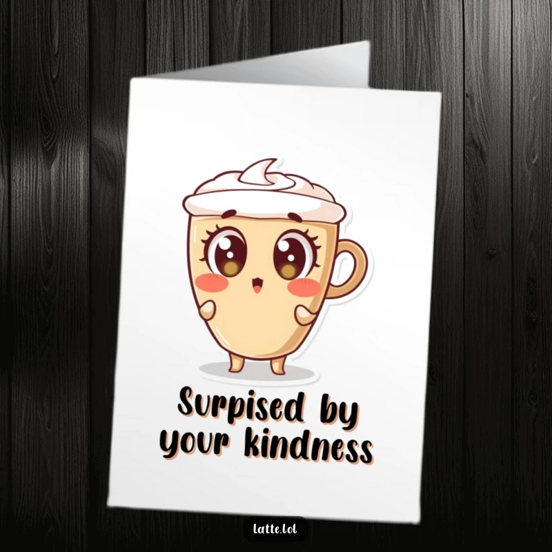Funny Free Printable Thank You Card featuring a latte cup character leaning back in amusing shock with wide eyes.