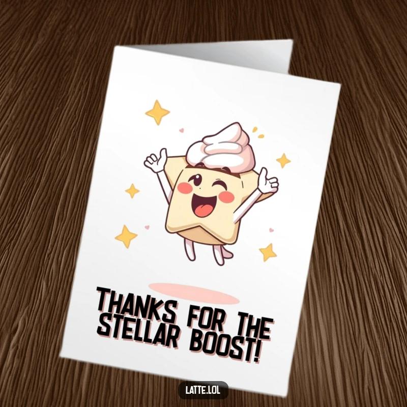 Funny Free Printable Thank You Card: Excited latte star character launching skyward in thankful celebration, a delightful way to express gratitude.