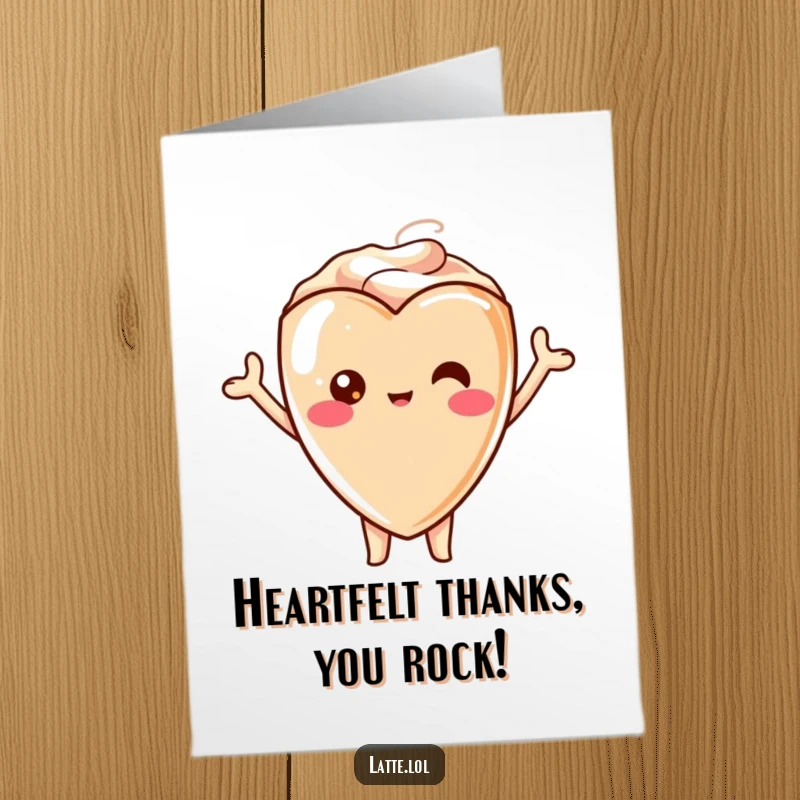Funny Free Printable Thank You Card: A kawaii latte heart character with outstretched arms cheering to express sincere gratitude.
