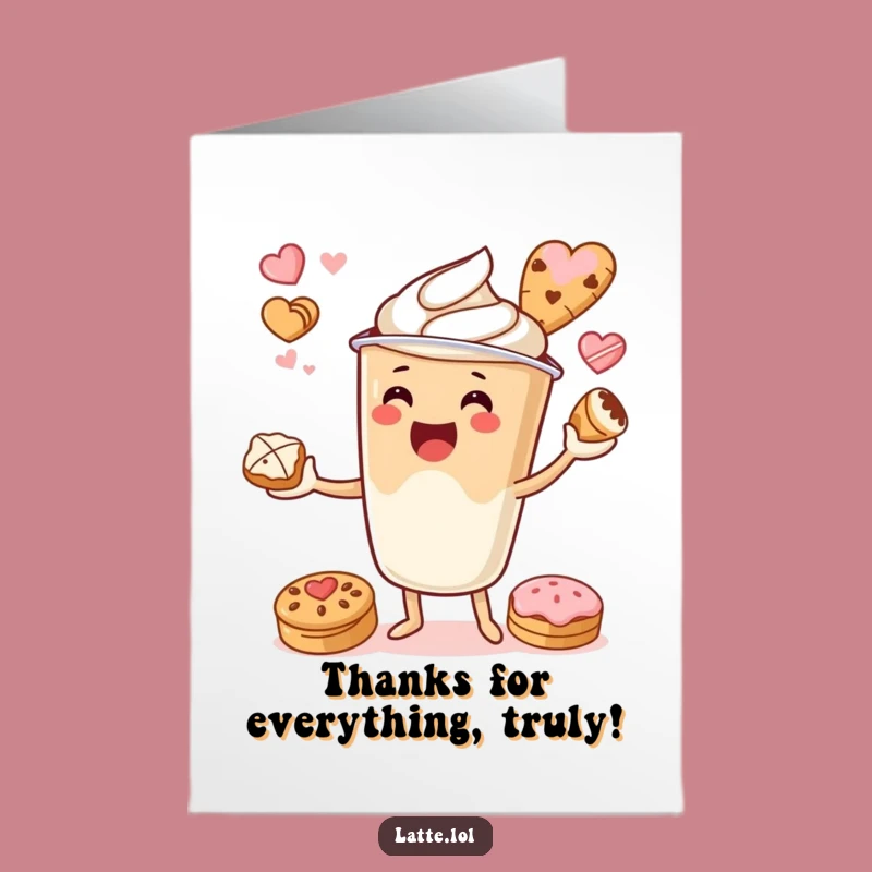 Free Printable Latte Cup Thank You Card: Juggling Pastry, Whimsical Downloadable Gift