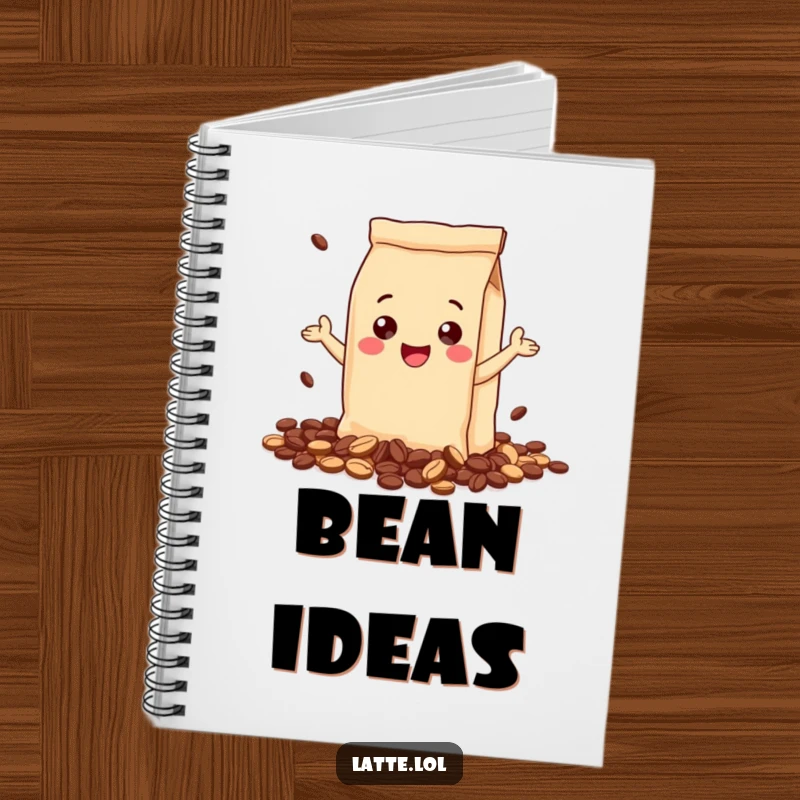Funny notebook illustrating a gleeful coffee bag character, spilling coffee beans with enthusiasm. A cheerful journal for coffee lovers.