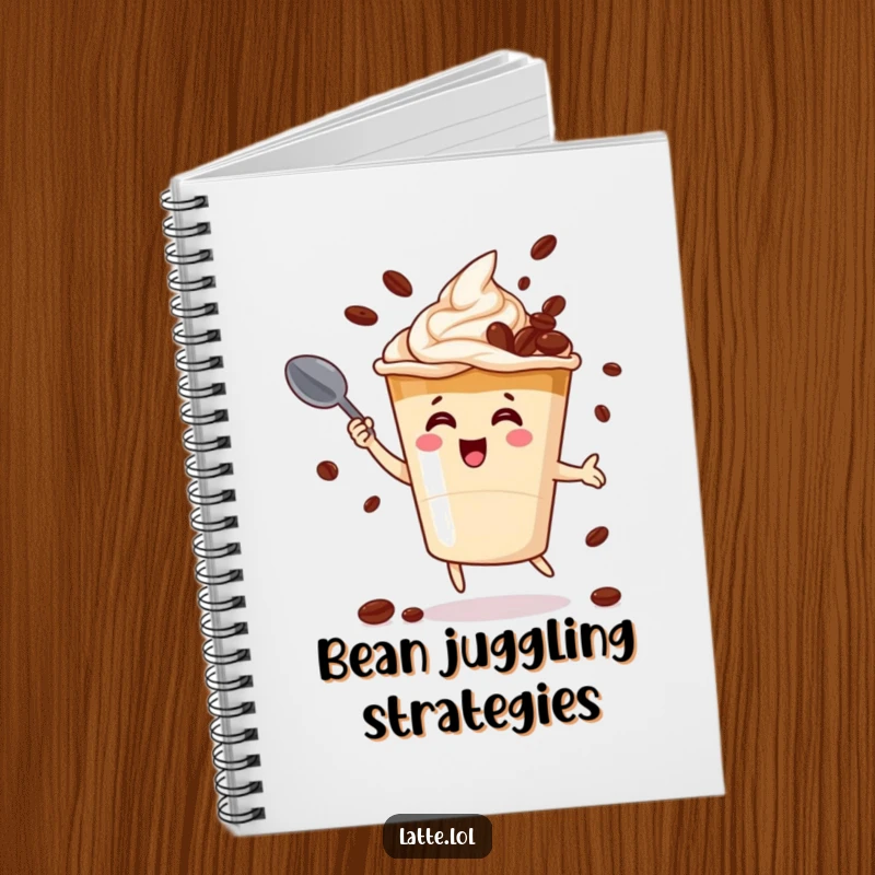 Funny notebook cover with an enthusiastic latte cup character juggling coffee beans with a spoon, ready for your notes.