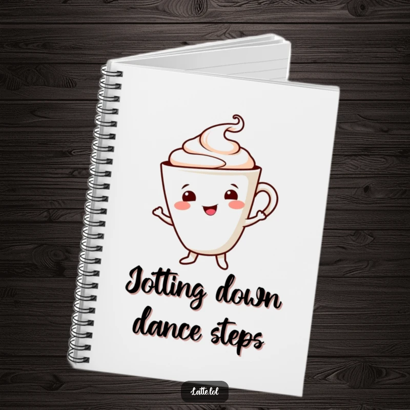 Funny notebook with a smiling latte cup character dancing, foam swirl accentuating the fun. Perfect for creative minds.
