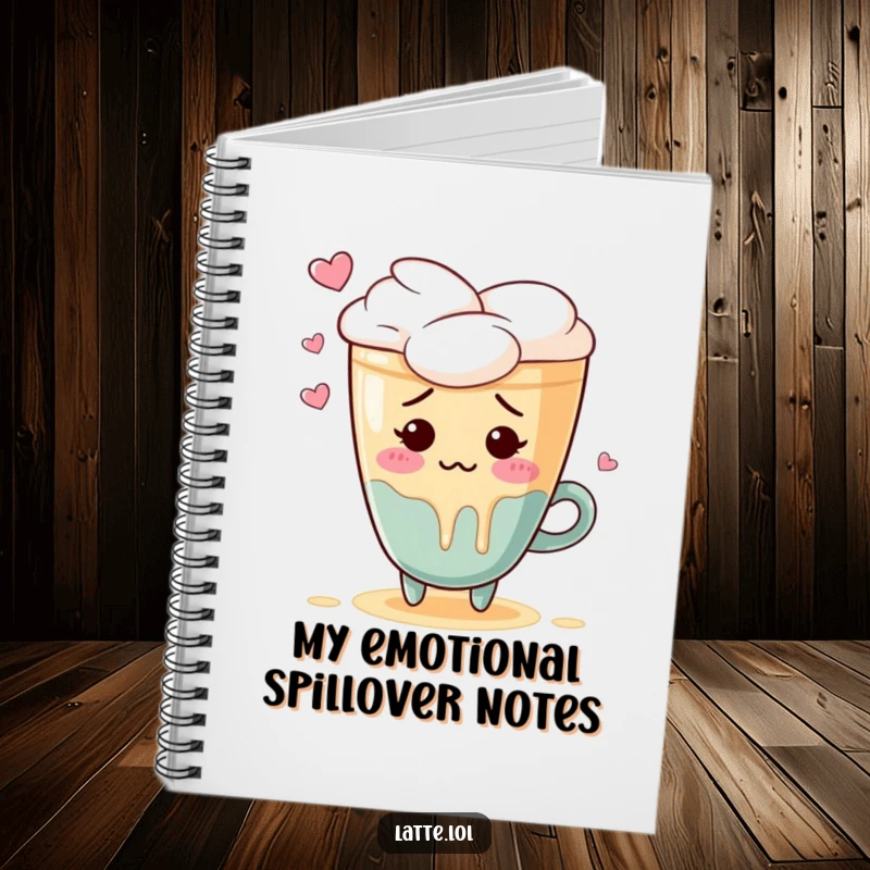 Funny notebook with a blushing latte art heart character spilling foam in embarrassment, ideal for notes.